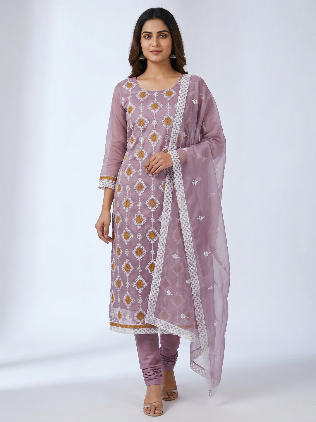 Mauve Floral Embroidered Organza Dress Material - Image 1
