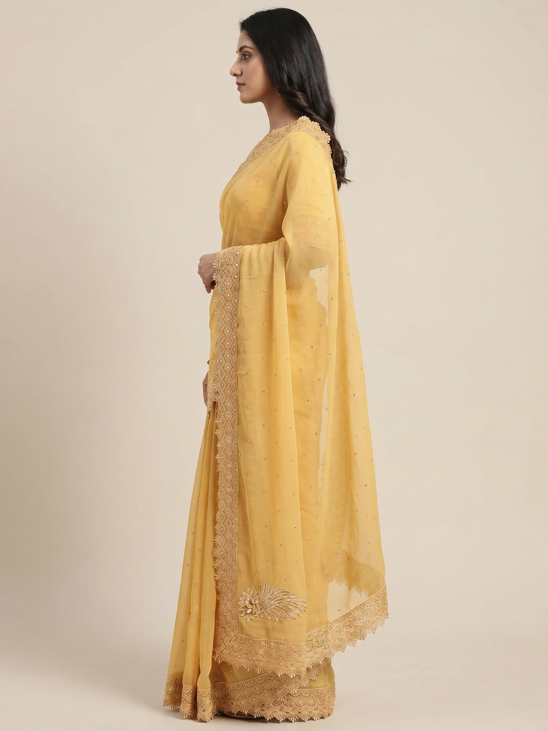 Yellow Floral Embroidered Chiffon Saree - Image 2