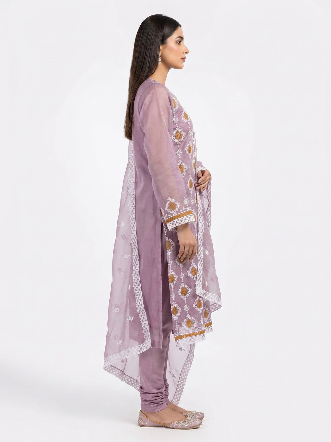 Mauve Floral Embroidered Organza Dress Material - Image 3