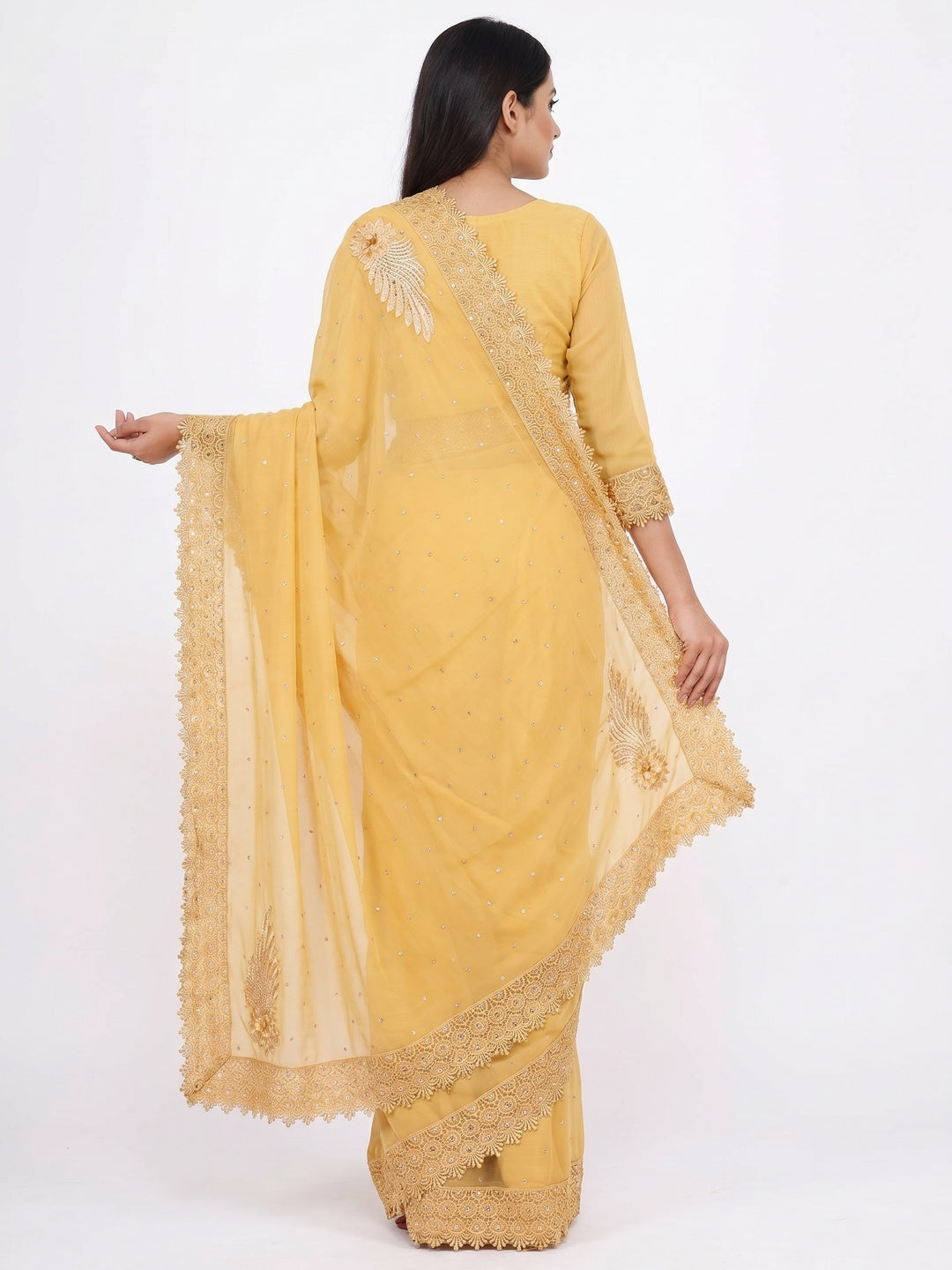 Yellow Floral Embroidered Chiffon Saree - Image 3