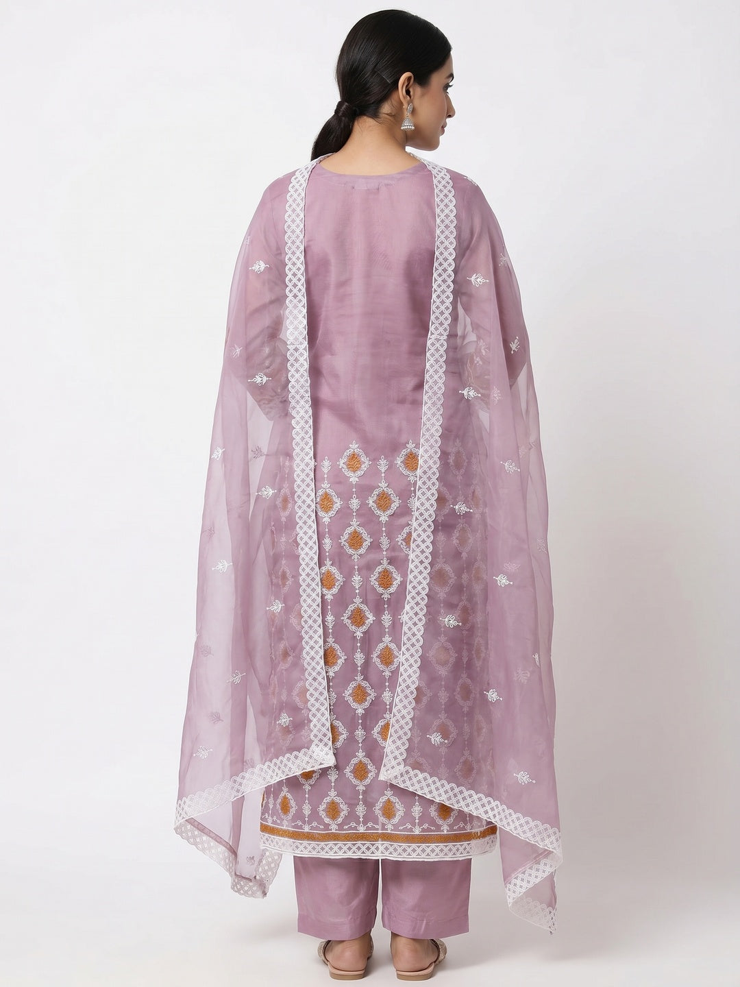 Mauve Floral Embroidered Organza Dress Material - Image 2