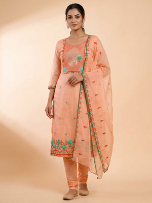Peach Sequins Floral Embroidered Organza Dress Material - Image 1