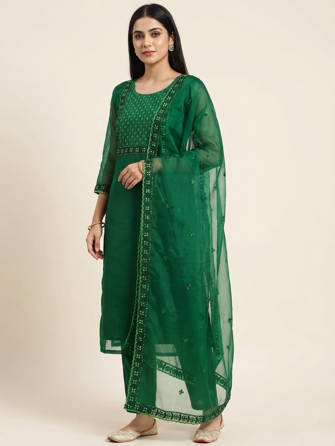Green Sequins Embroidered Organza Dress Material - Image 1