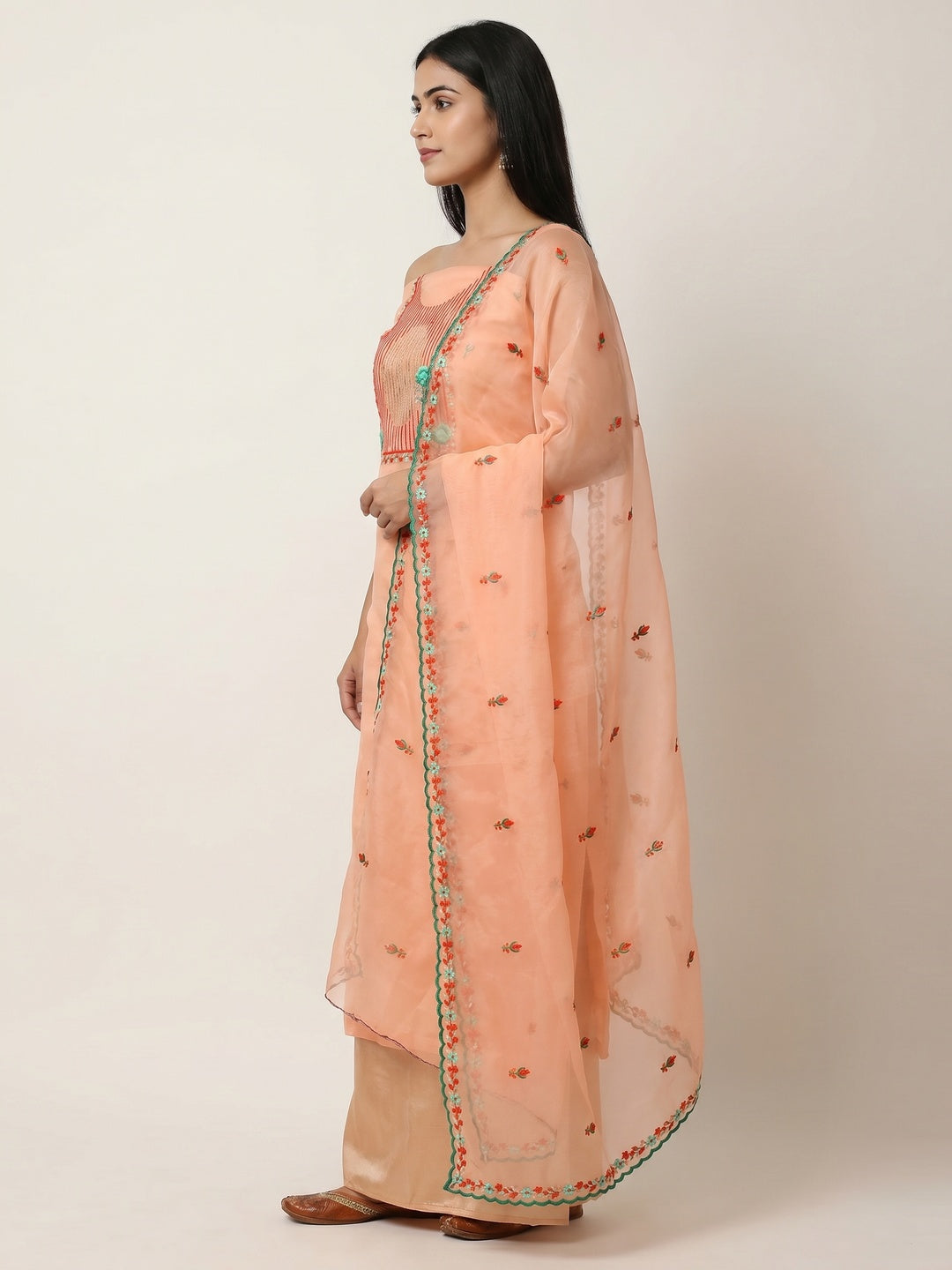 Peach Sequins Floral Embroidered Organza Dress Material - Image 2