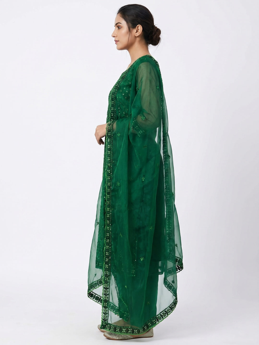 Green Sequins Embroidered Organza Dress Material - Image 2