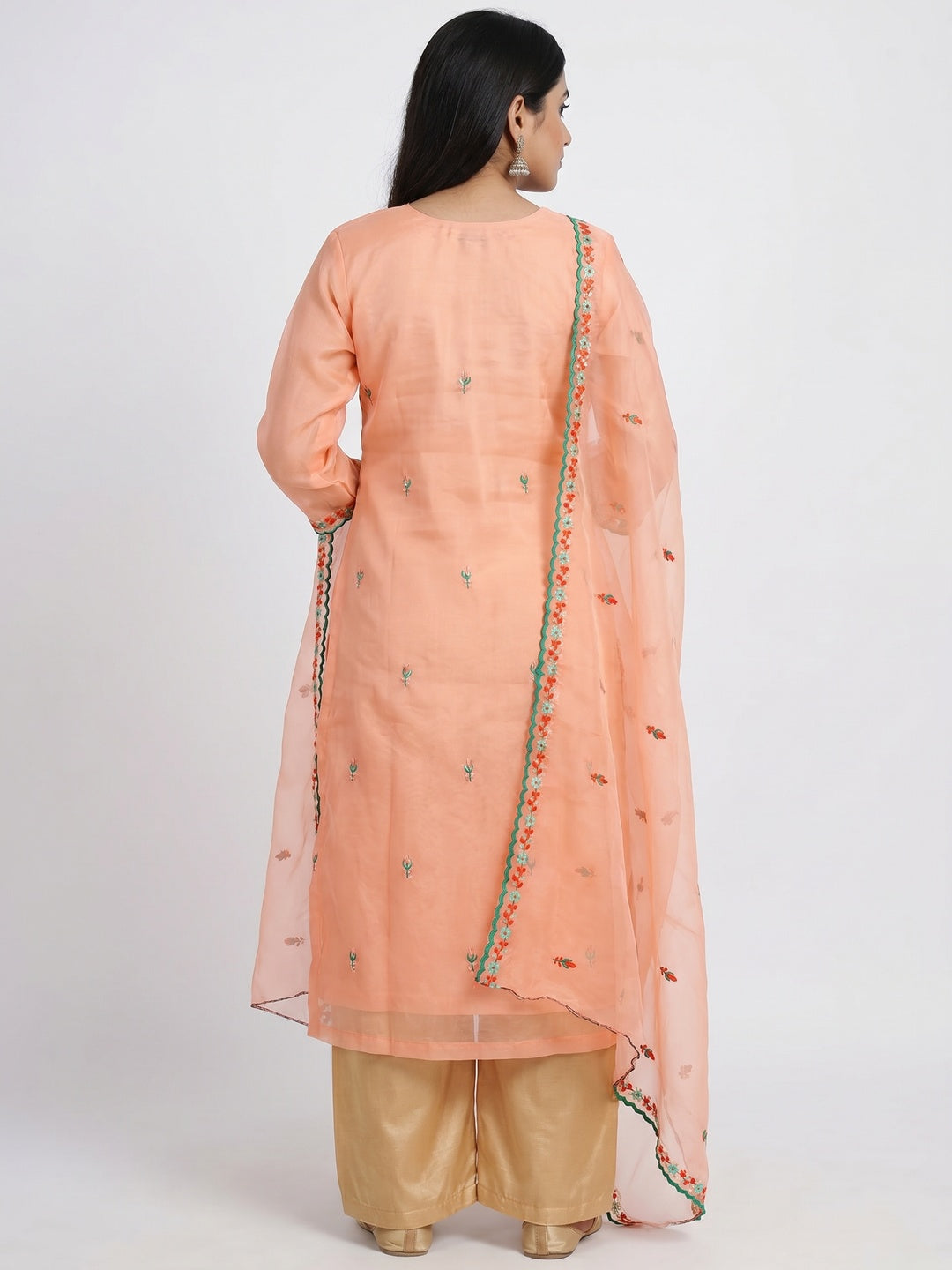 Peach Sequins Floral Embroidered Organza Dress Material - Image 3