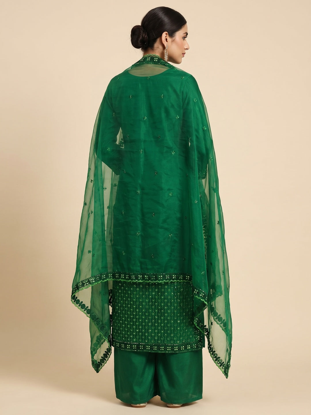 Green Sequins Embroidered Organza Dress Material - Image 3