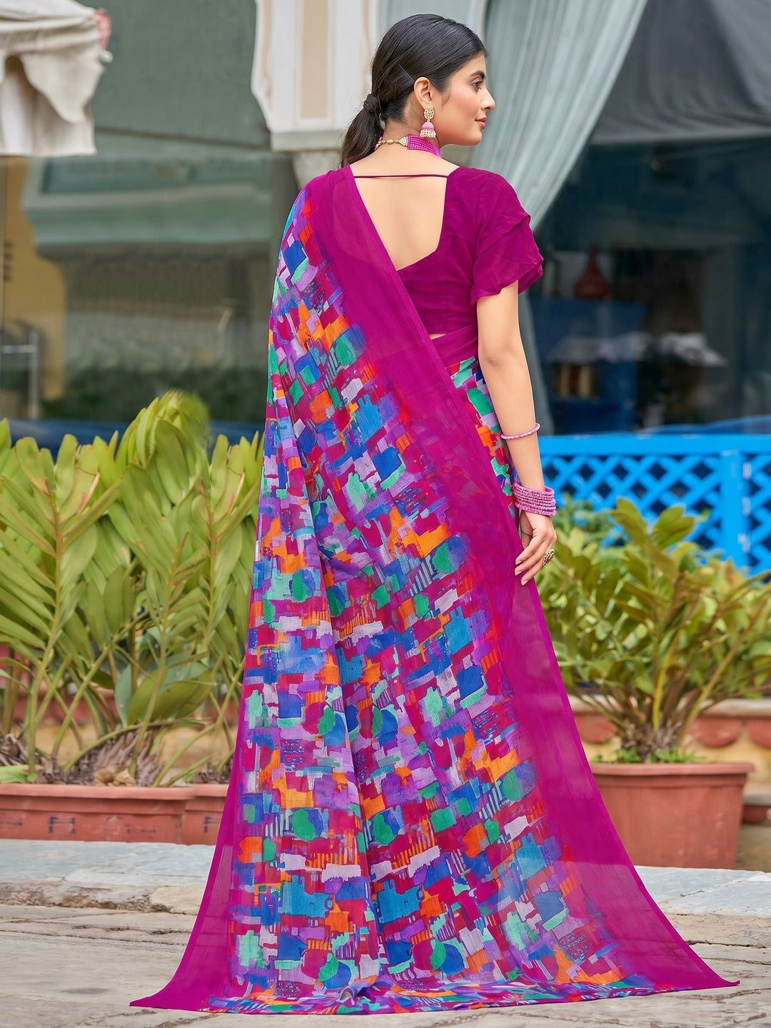 Purple Geometric Printed Chiffon Saree - Image 1