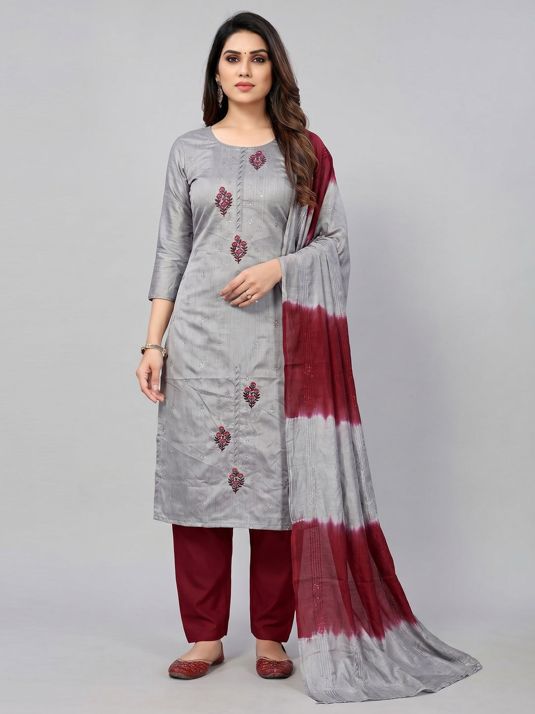 Grey Floral Embroidered Art Silk Dress Material - Image 1