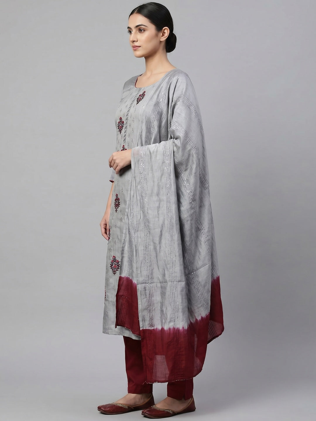 Grey Floral Embroidered Art Silk Dress Material - Image 2