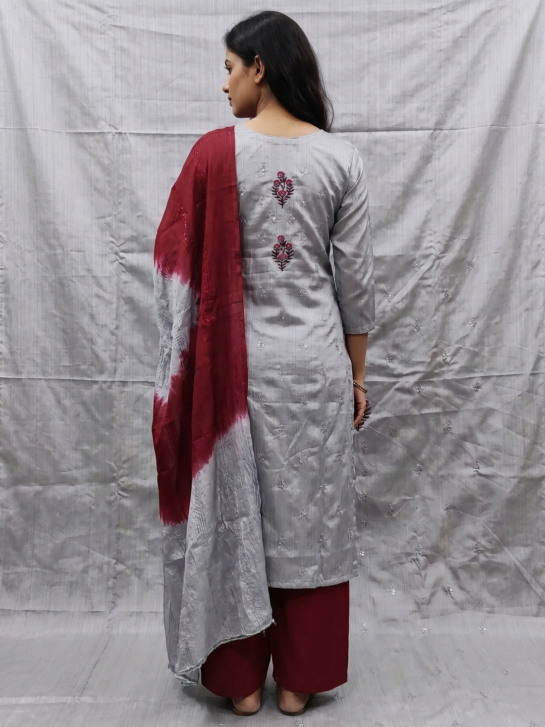 Grey Floral Embroidered Art Silk Dress Material - Image 3