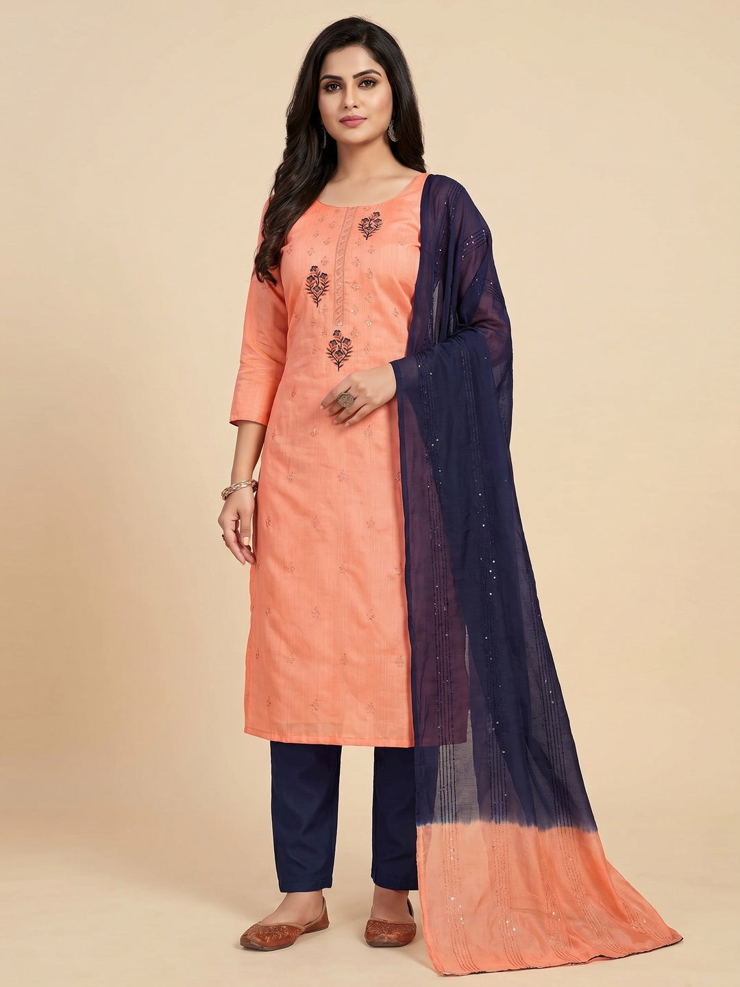 Peach Floral Embroidered Art Silk Dress Material - Image 1