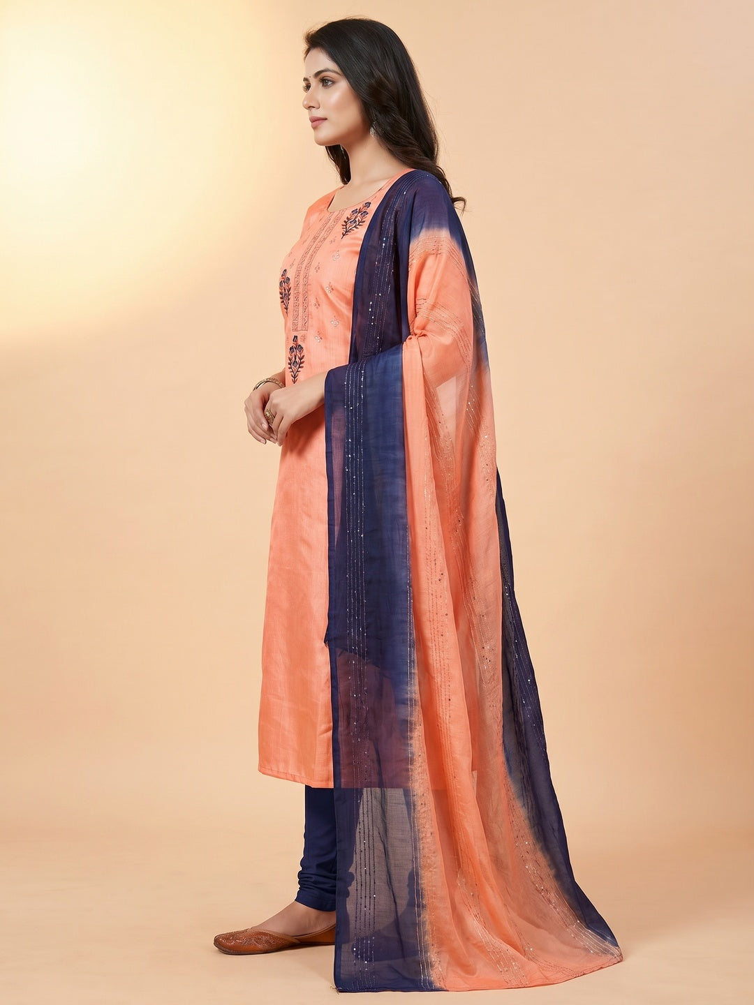 Peach Floral Embroidered Art Silk Dress Material - Image 2