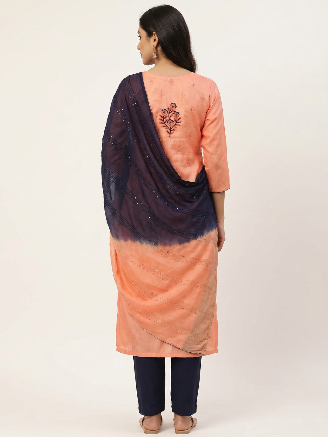 Peach Floral Embroidered Art Silk Dress Material - Image 3