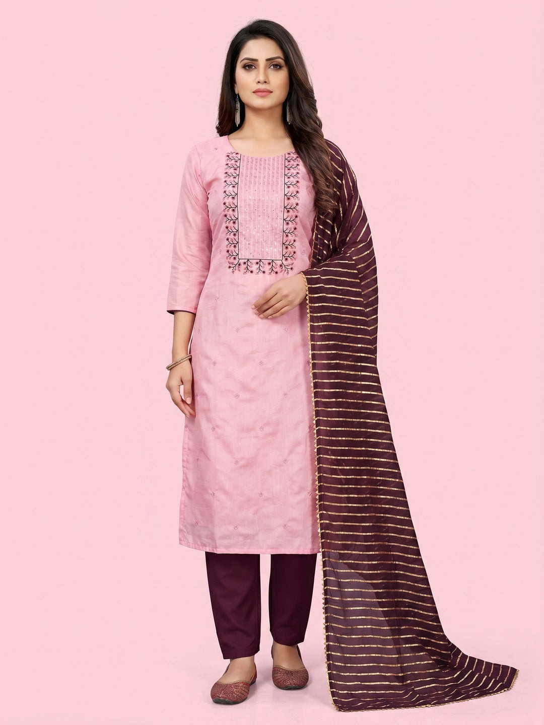 Pink Floral Embroidered Art Silk Dress Material - Image 1