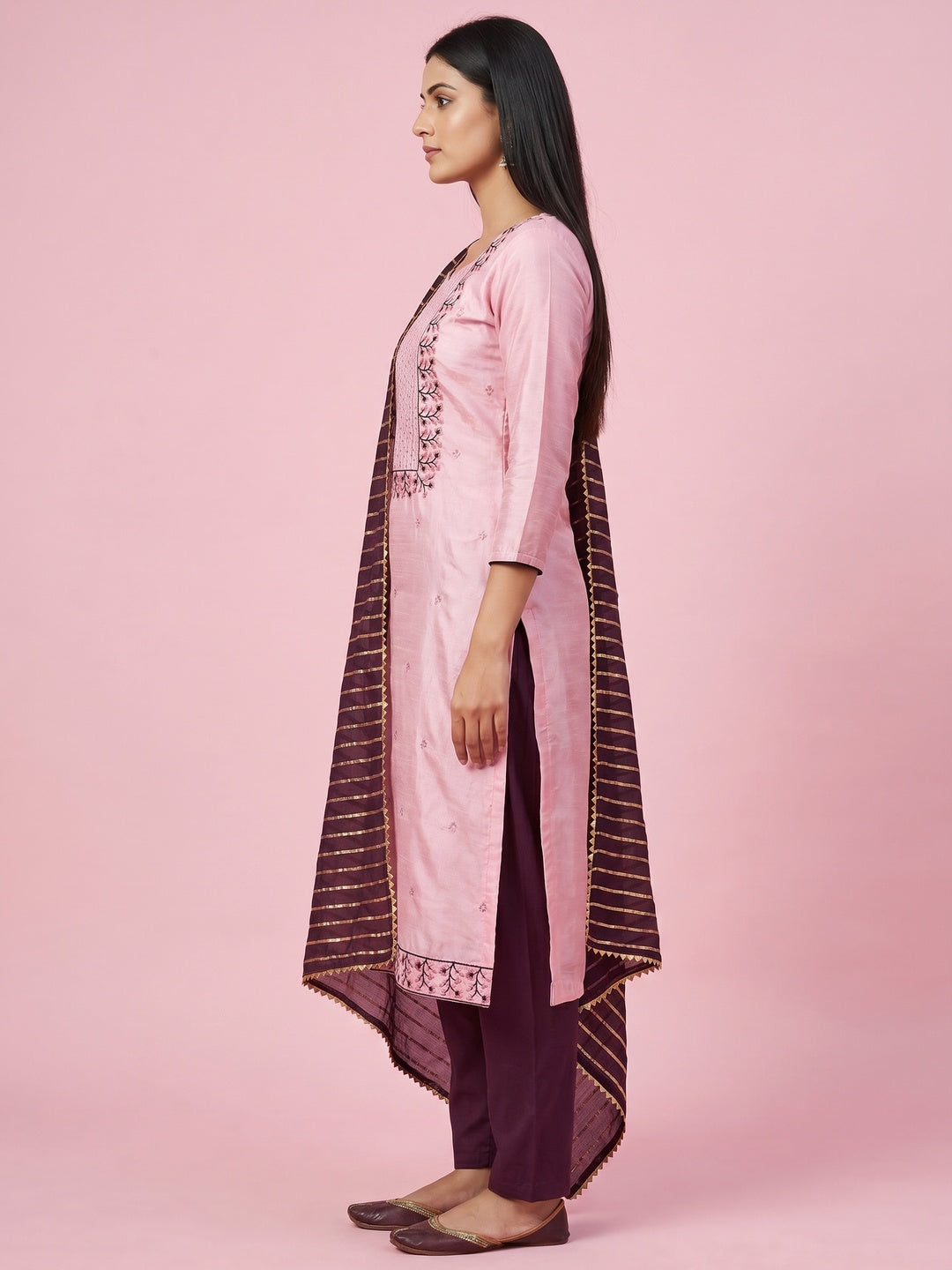 Pink Floral Embroidered Art Silk Dress Material - Image 3