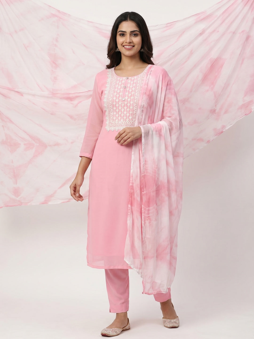 Pink Floral Embroidered Georgette Dress Material - Image 1