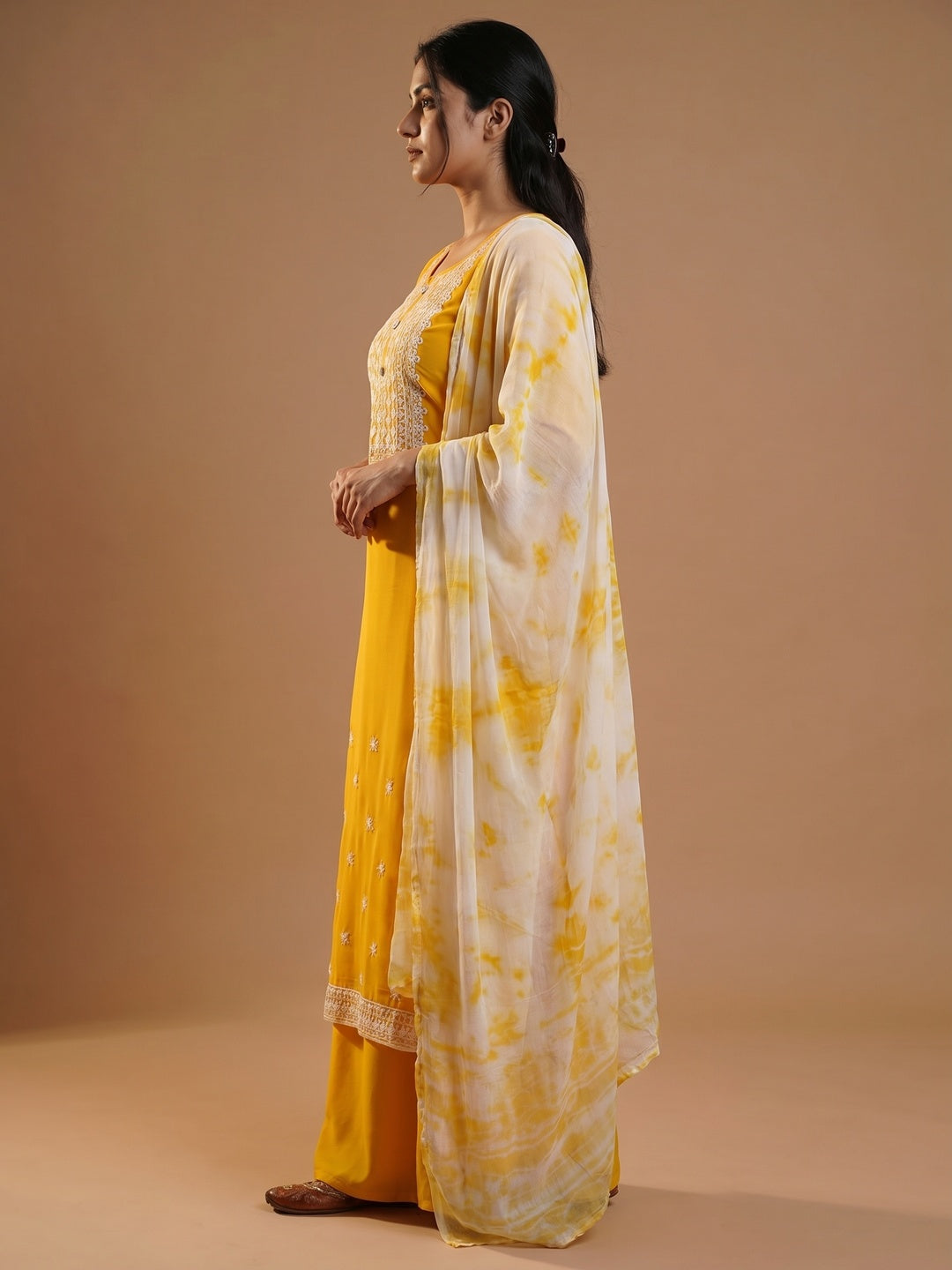 Yellow Floral Embroidered Georgette Dress Material - Image 1