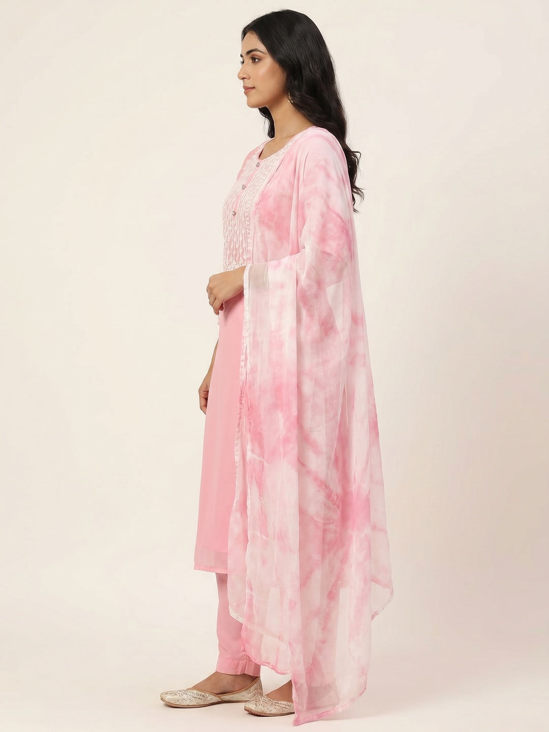 Pink Floral Embroidered Georgette Dress Material - Image 3