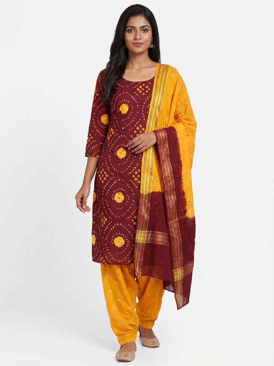 Maroon Bandhani Printed Pure Cotton Dress Material - Image 1