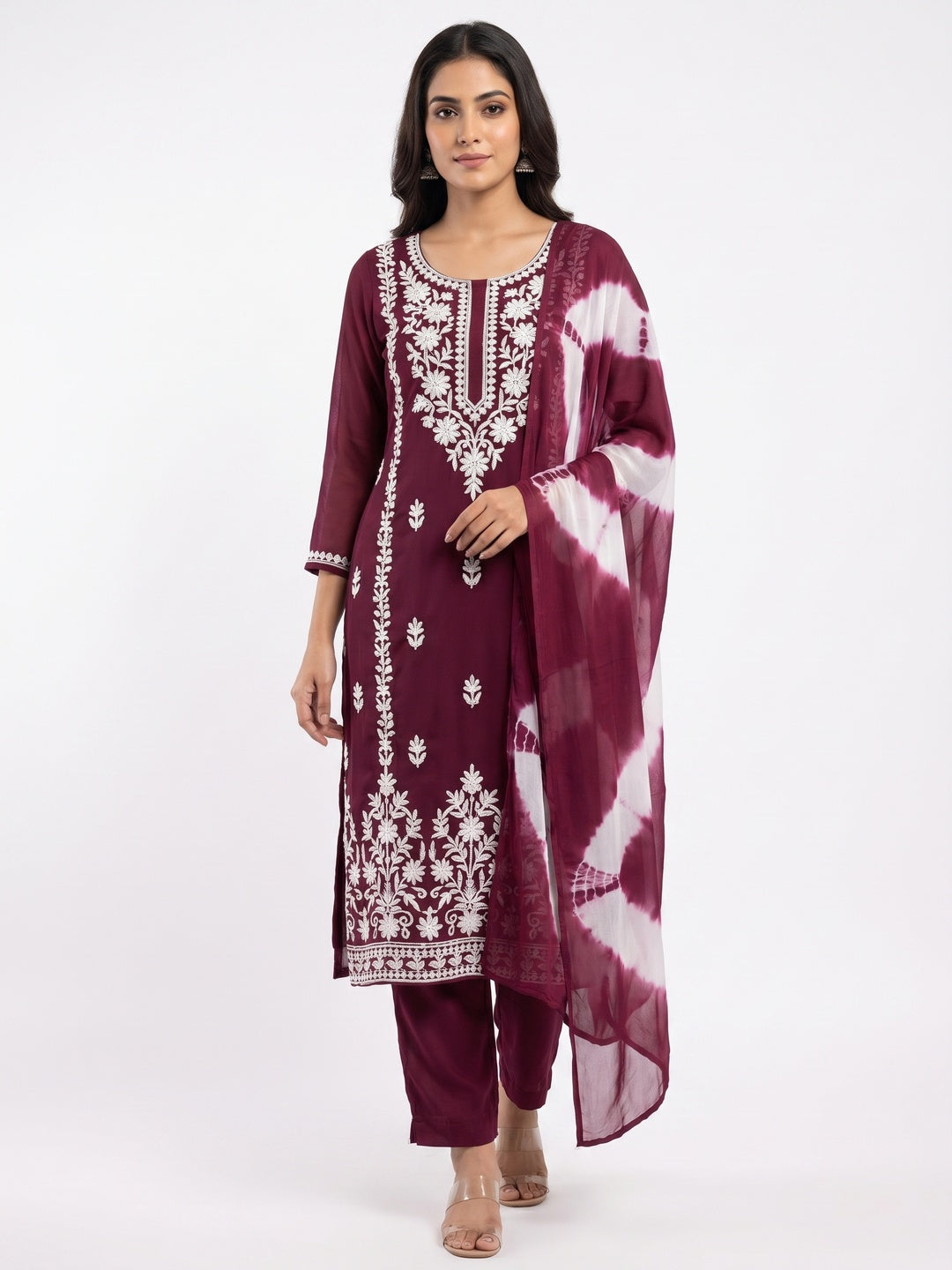 Wine Floral Embroidered Georgette Dress Material - Image 2