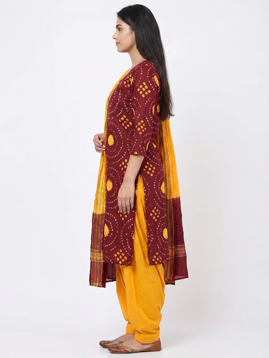 Maroon Bandhani Printed Pure Cotton Dress Material - Image 3