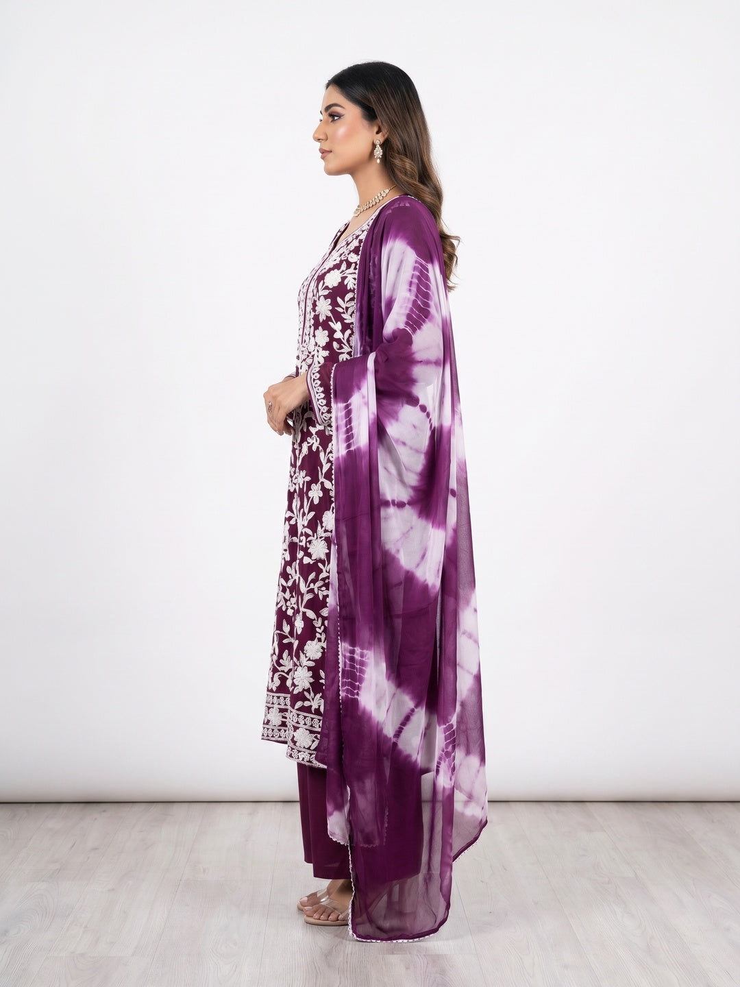 Wine Floral Embroidered Georgette Dress Material - Image 1