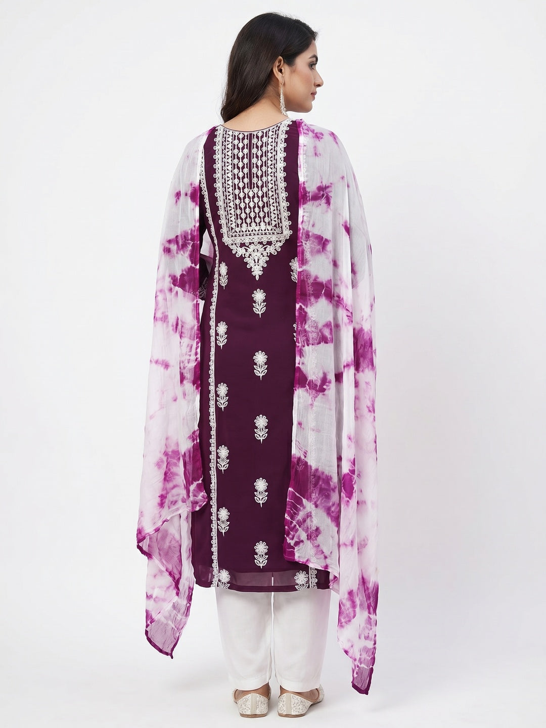 Wine Floral Embroidered Georgette Dress Material - Image 3