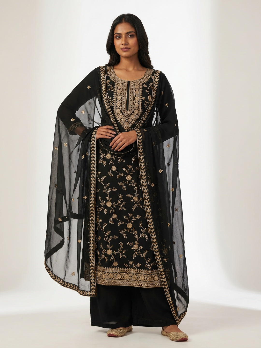 Black Embroidered With Embellished Georgette Dress Material - Image 1