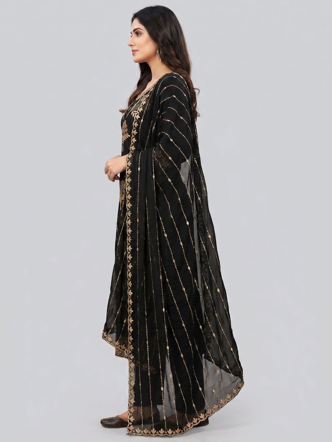 Black Embroidered With Embellished Georgette Dress Material - Image 3