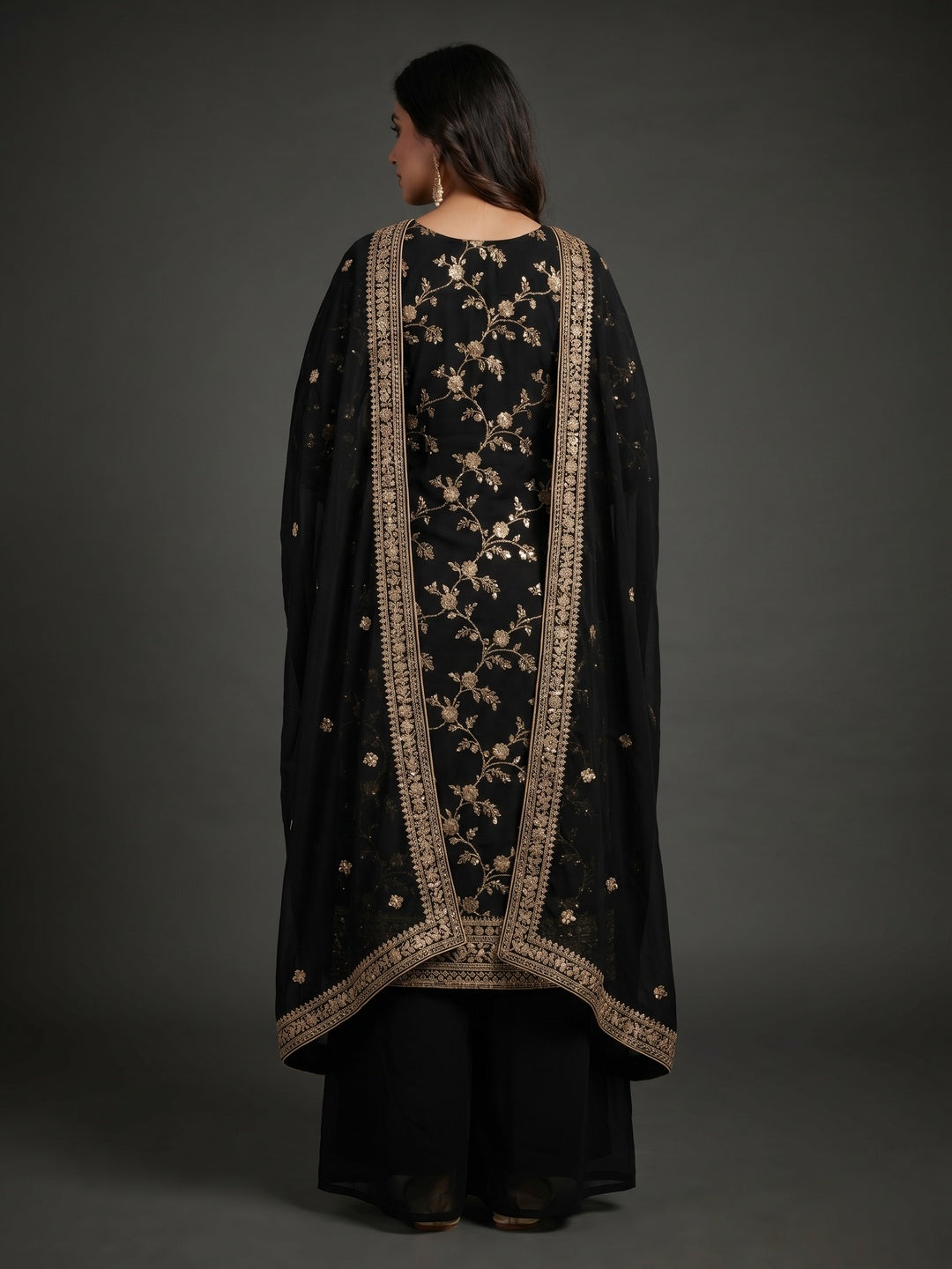 Black Embroidered With Embellished Georgette Dress Material - Image 2