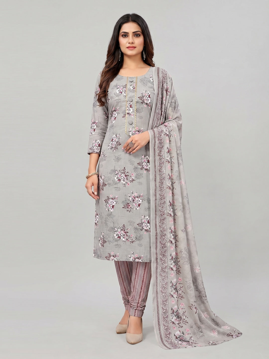 Light Grey Floral Printed Pure Cotton Dress Material - Image 1