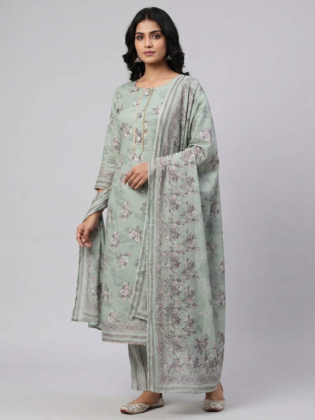 Pista Green Floral Printed Pure Cotton Dress Material - Image 1