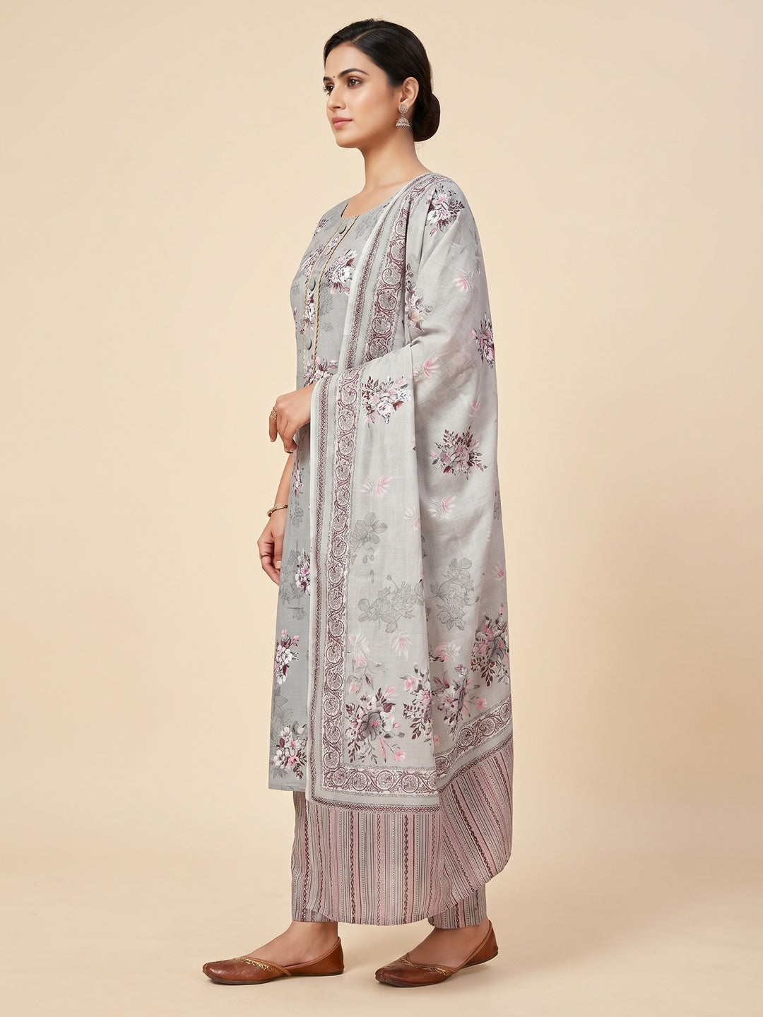 Light Grey Floral Printed Pure Cotton Dress Material - Image 3