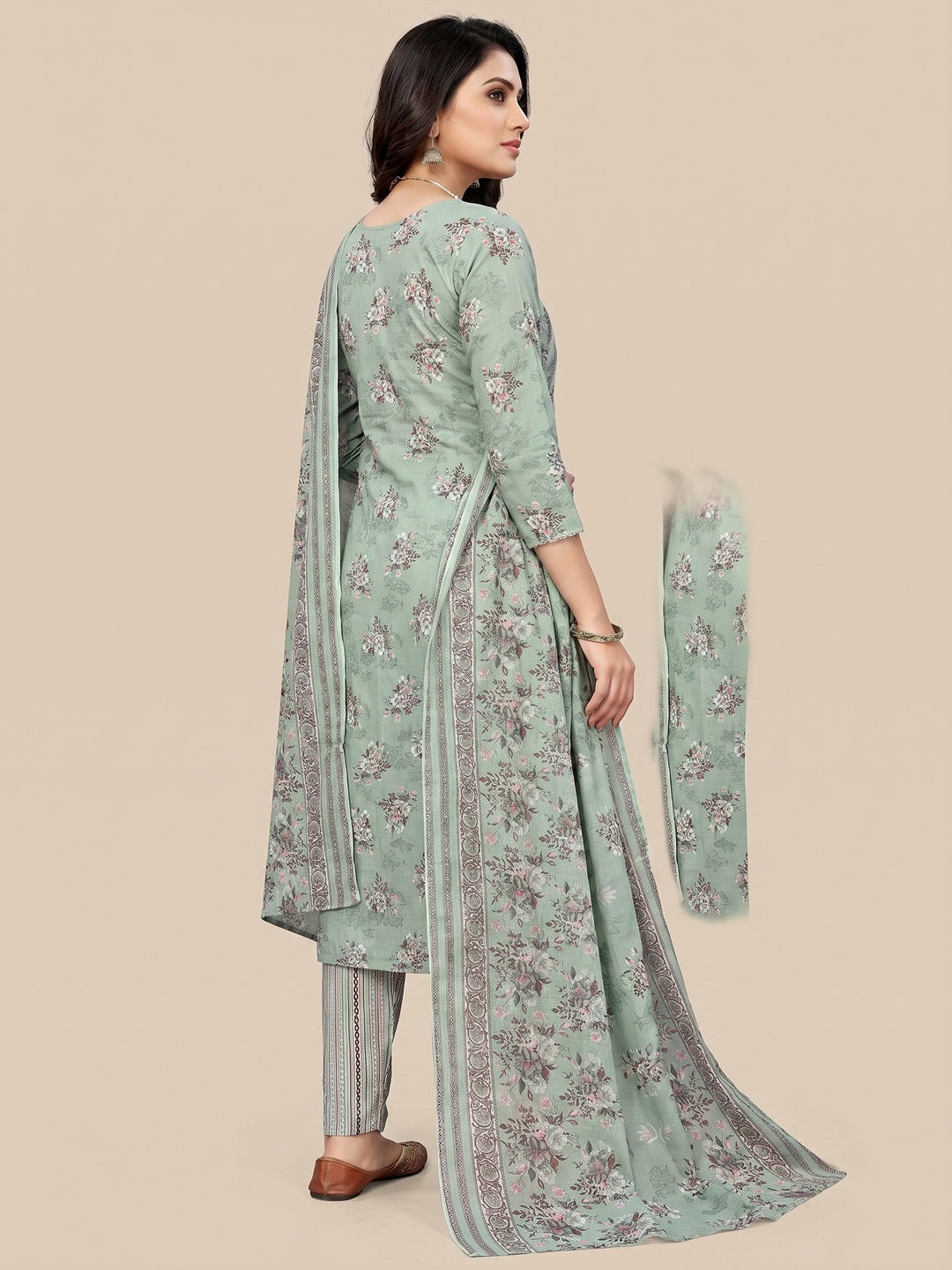 Pista Green Floral Printed Pure Cotton Dress Material - Image 3