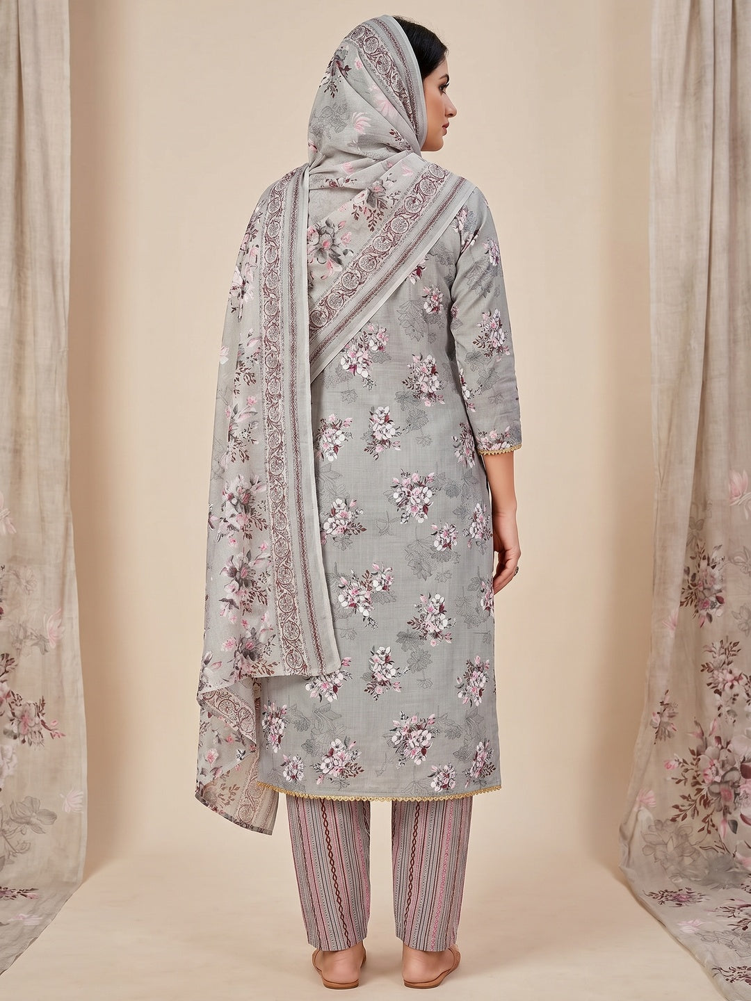Light Grey Floral Printed Pure Cotton Dress Material - Image 2