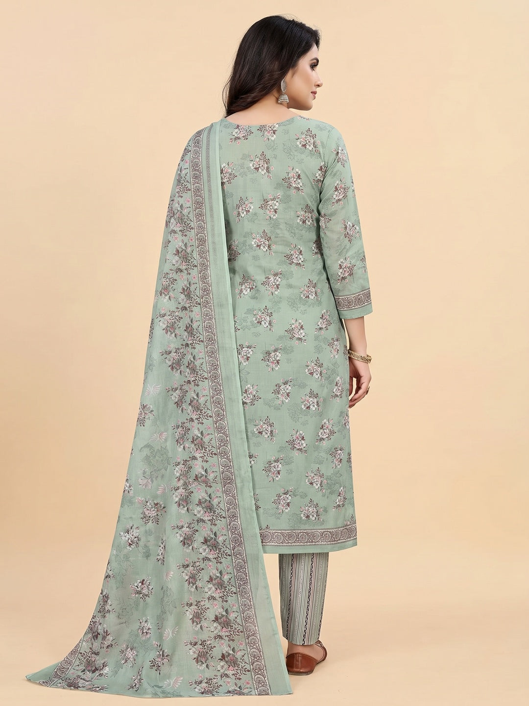 Pista Green Floral Printed Pure Cotton Dress Material - Image 2