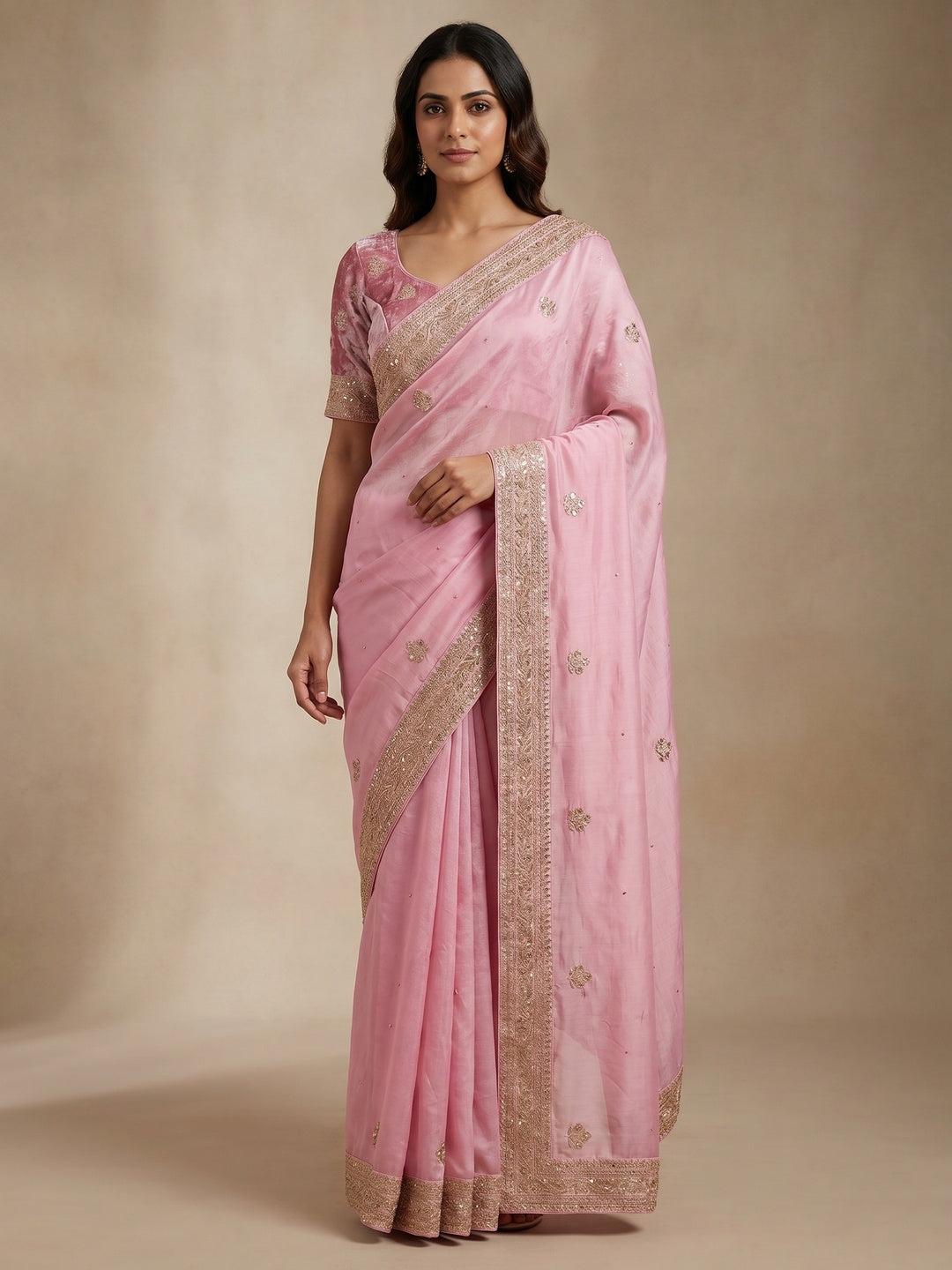 Pink Embroidered Art Silk Saree - Image 1