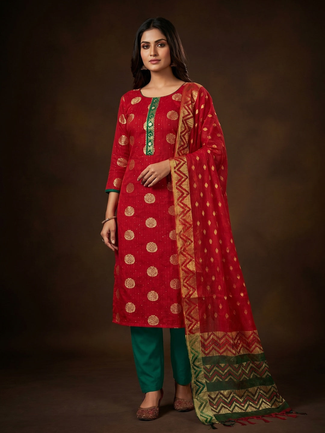 Red Woven Jacquard Dress Material - Image 1