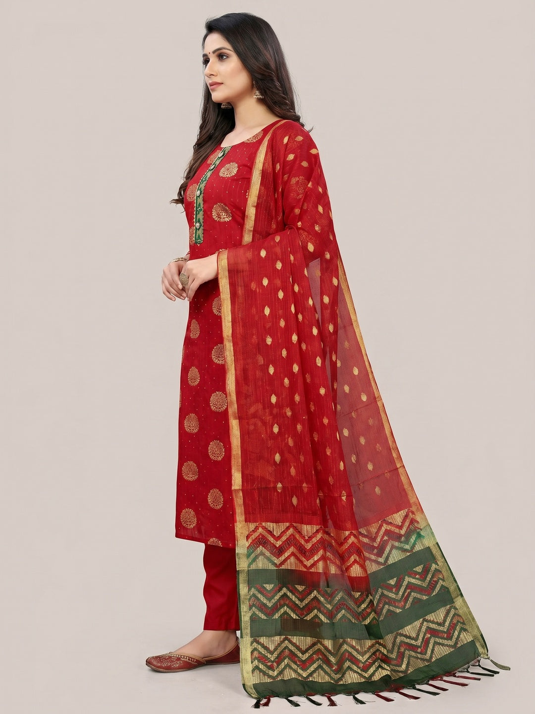 Red Woven Jacquard Dress Material - Image 2