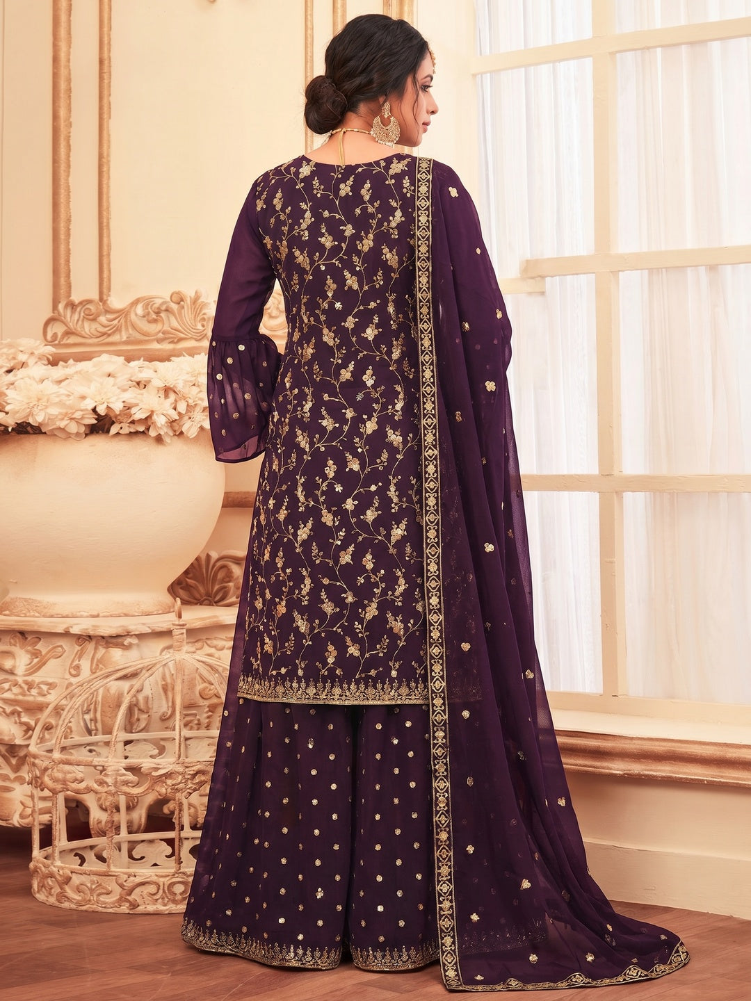 Purple Embroidered With Embellished Georgette Sharara Suit - Image 1