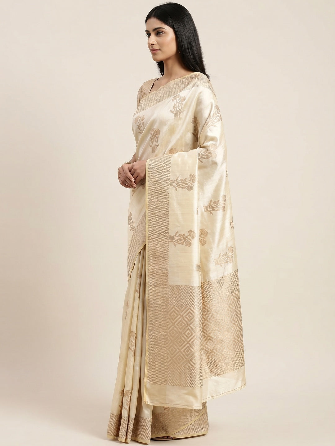 Offwhite Woven Raw Silk Saree - Image 2
