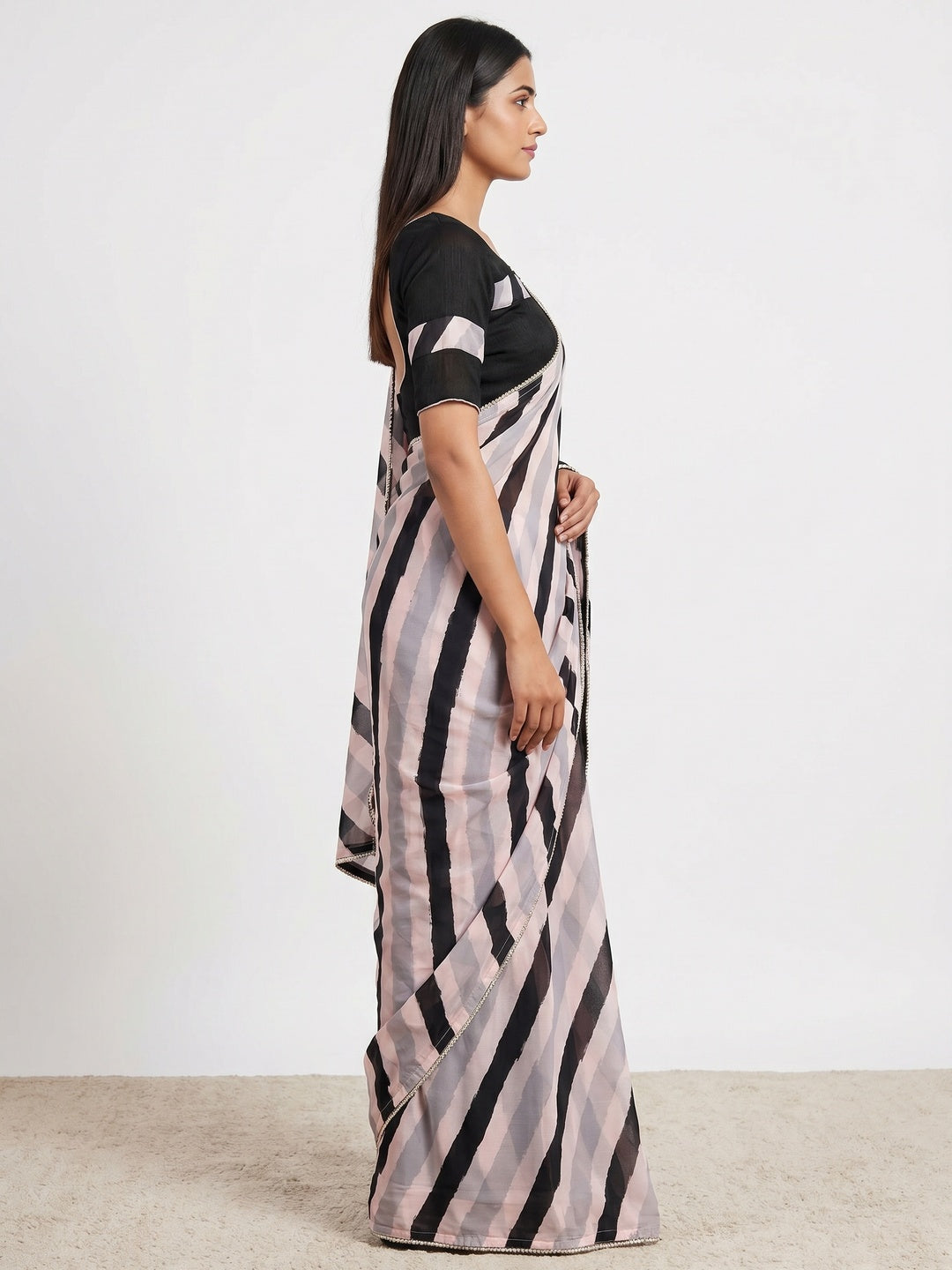 Pink-Black Printed Chiffon Saree - Image 3