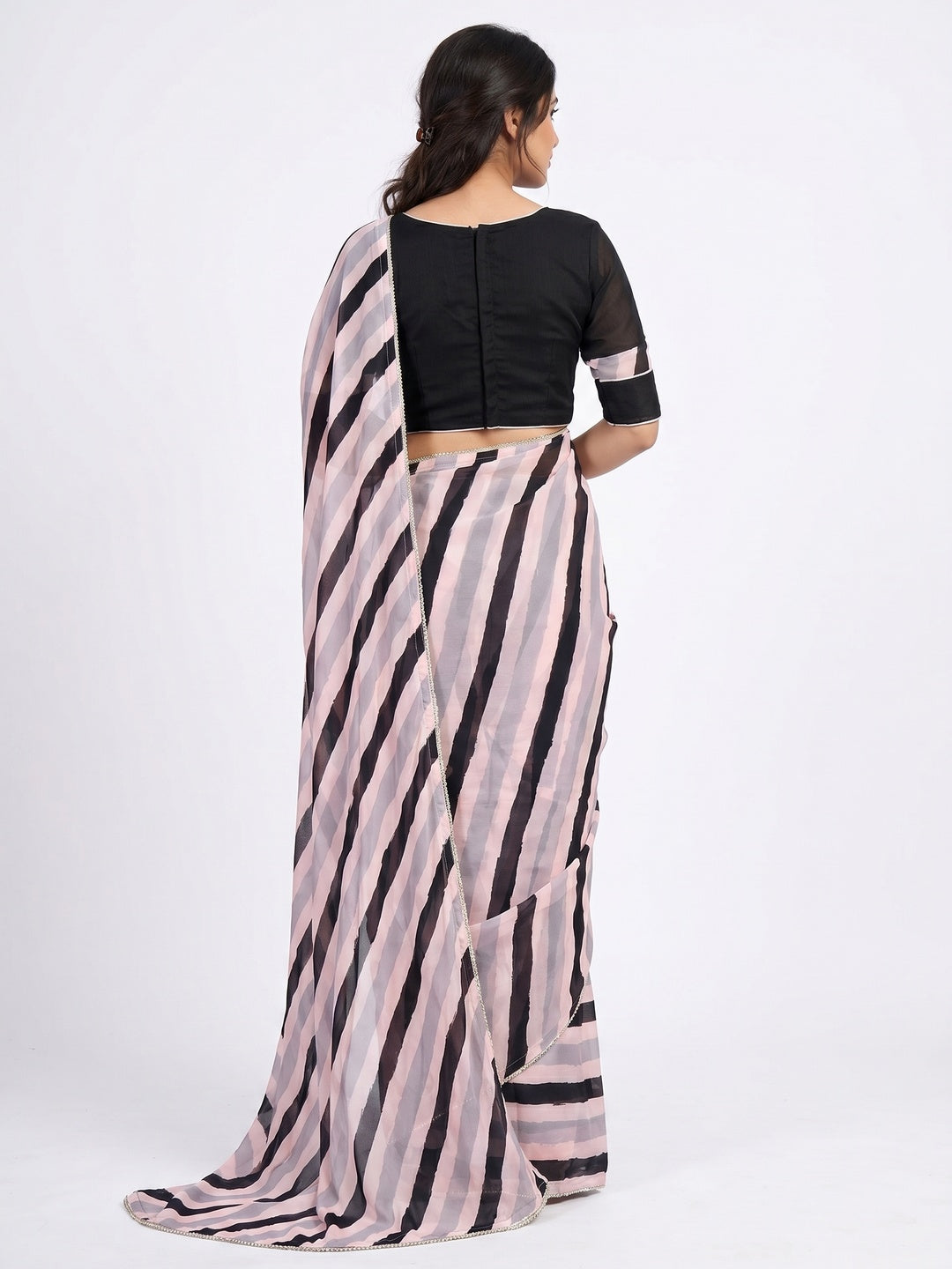 Pink-Black Printed Chiffon Saree - Image 2