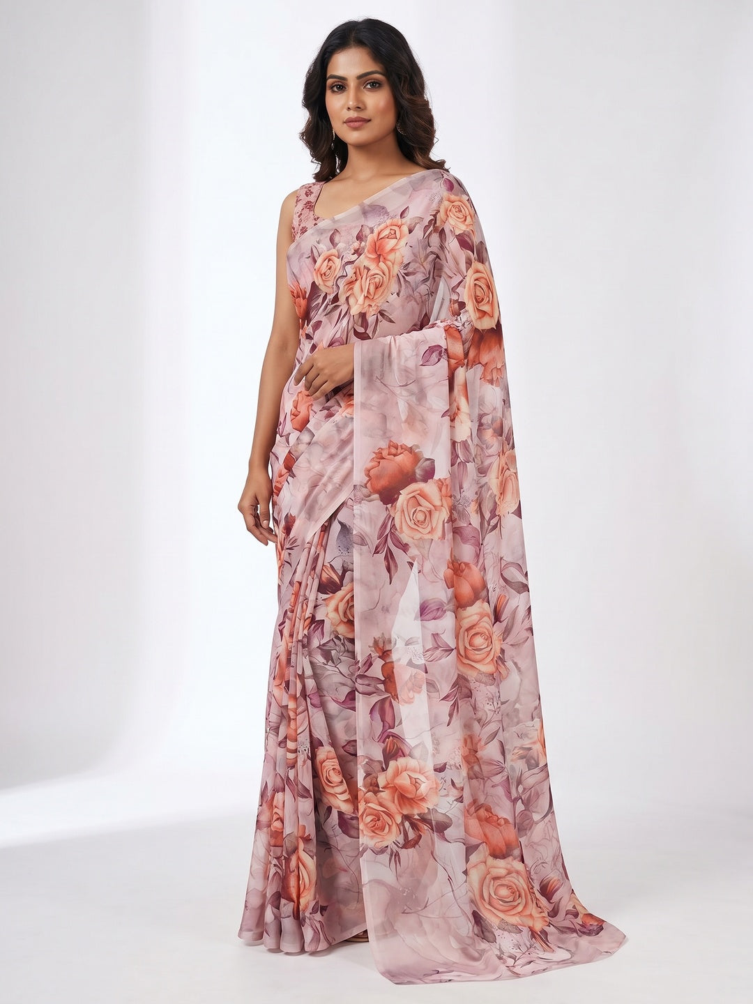 Mauve Digital Printed Georgette Saree - Image 1