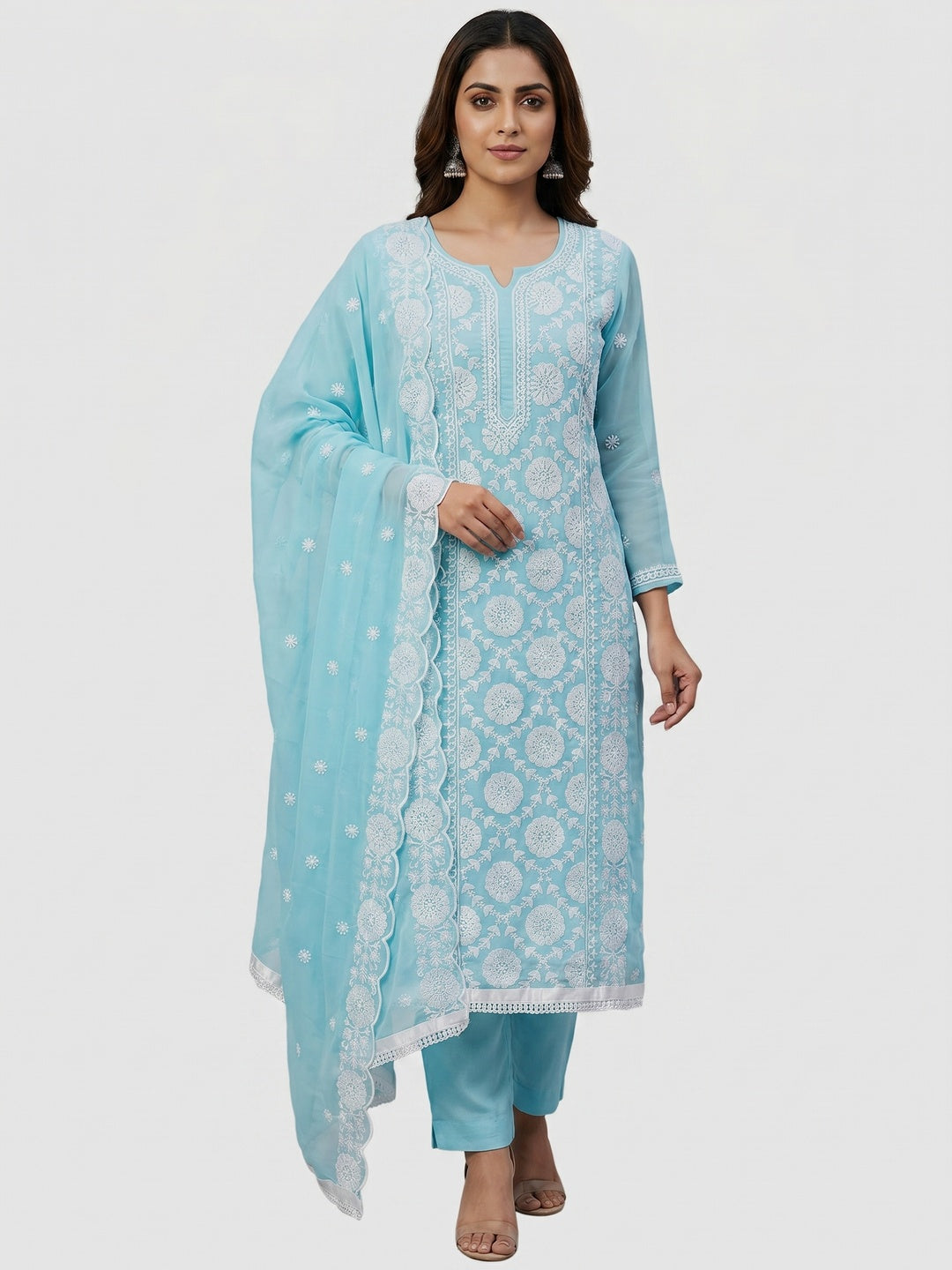 Light Blue Floral Embroidered Georgette Dress Material - Image 1
