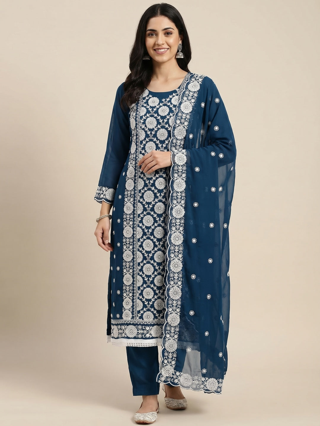 Blue Floral Embroidered Georgette Dress Material - Image 1