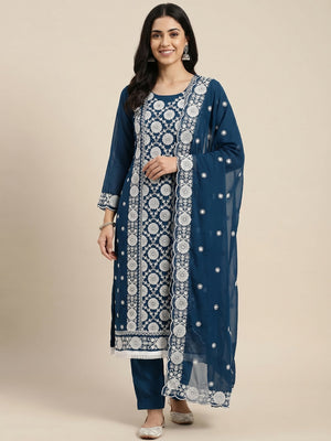 Blue Floral Embroidered Georgette Dress Material - Image 1