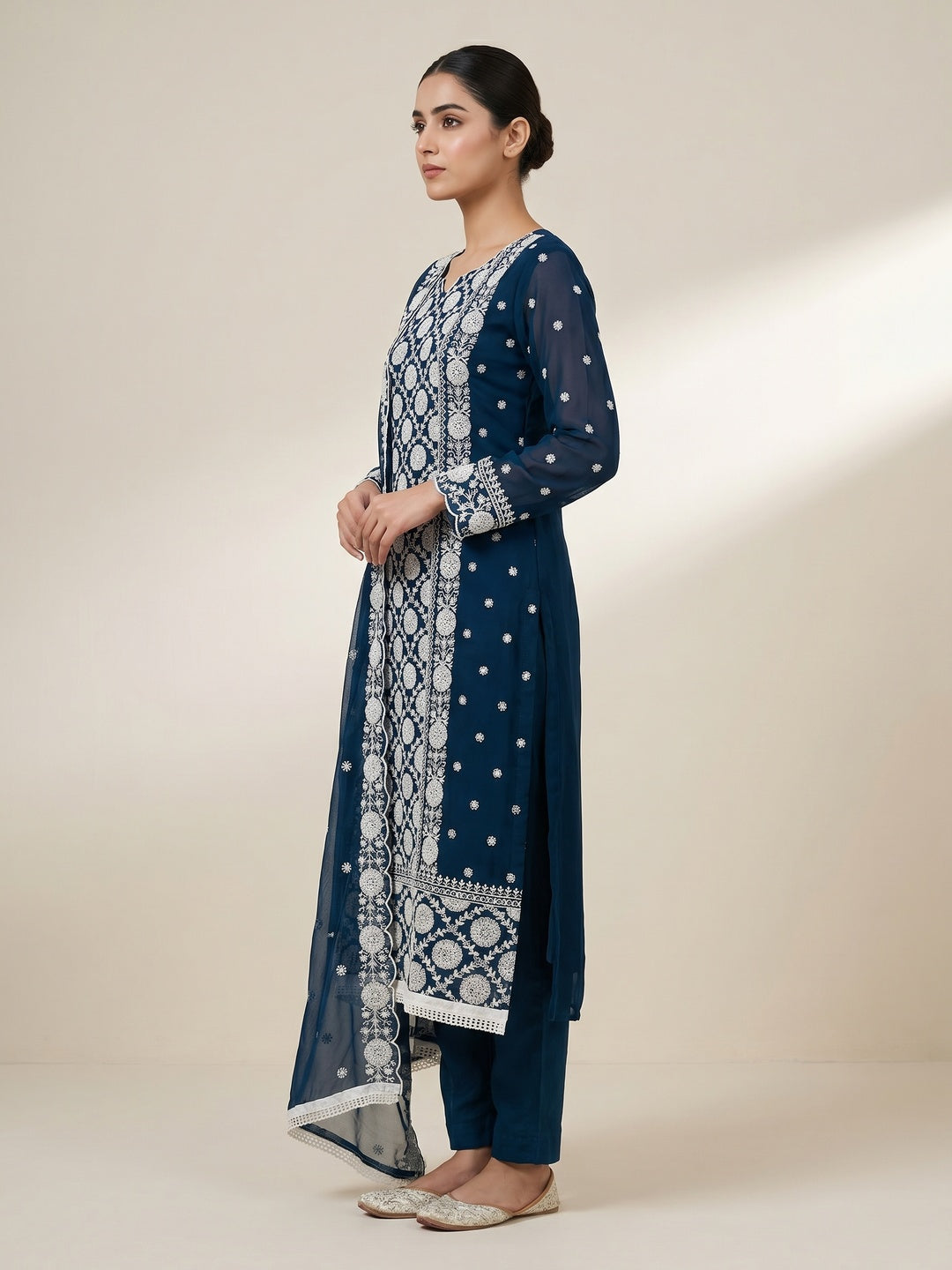 Blue Floral Embroidered Georgette Dress Material - Image 2