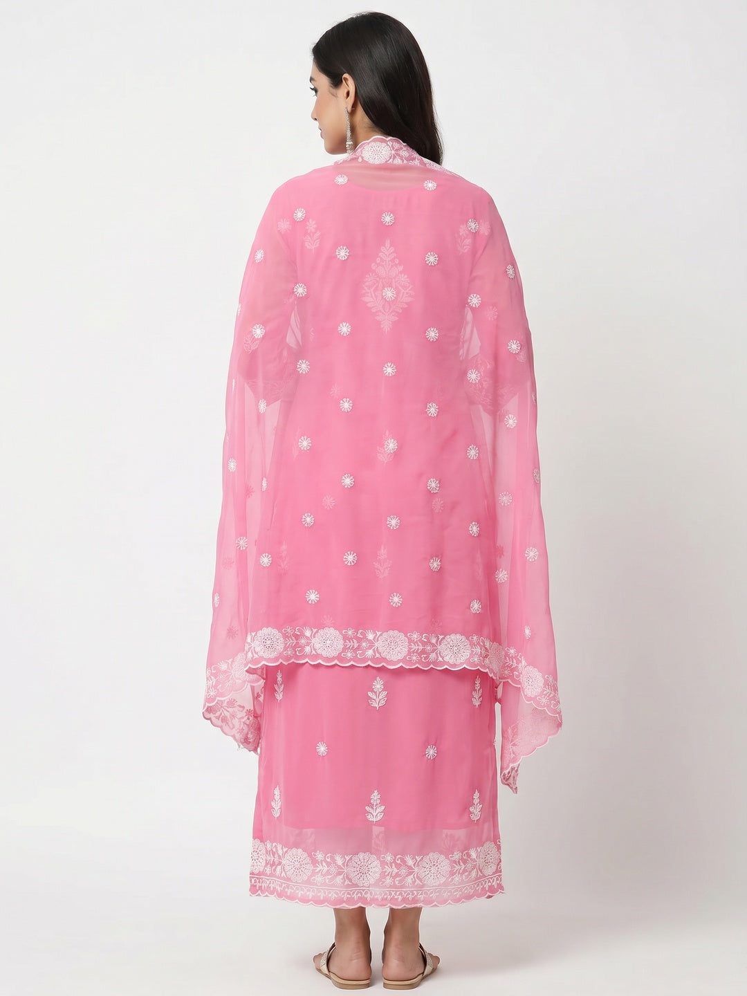 Pink Floral Embroidered Georgette Dress Material - Image 2